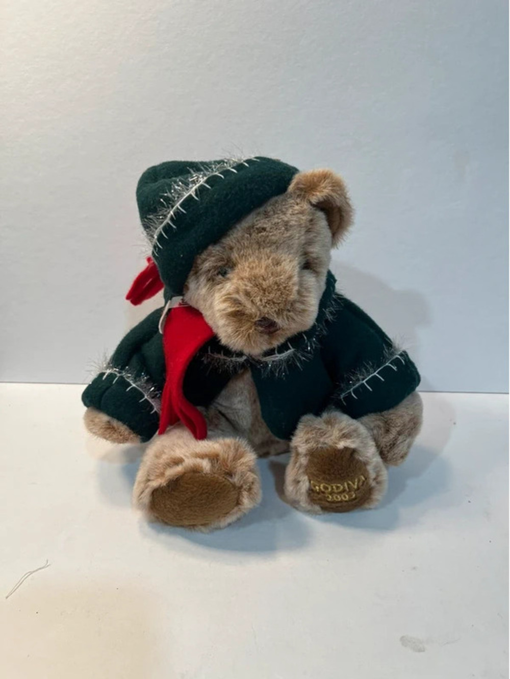 Godiva 2003 Teddy Brown Bear Plush Christmas Green Jacket 12" Red Scarf Soft Toy